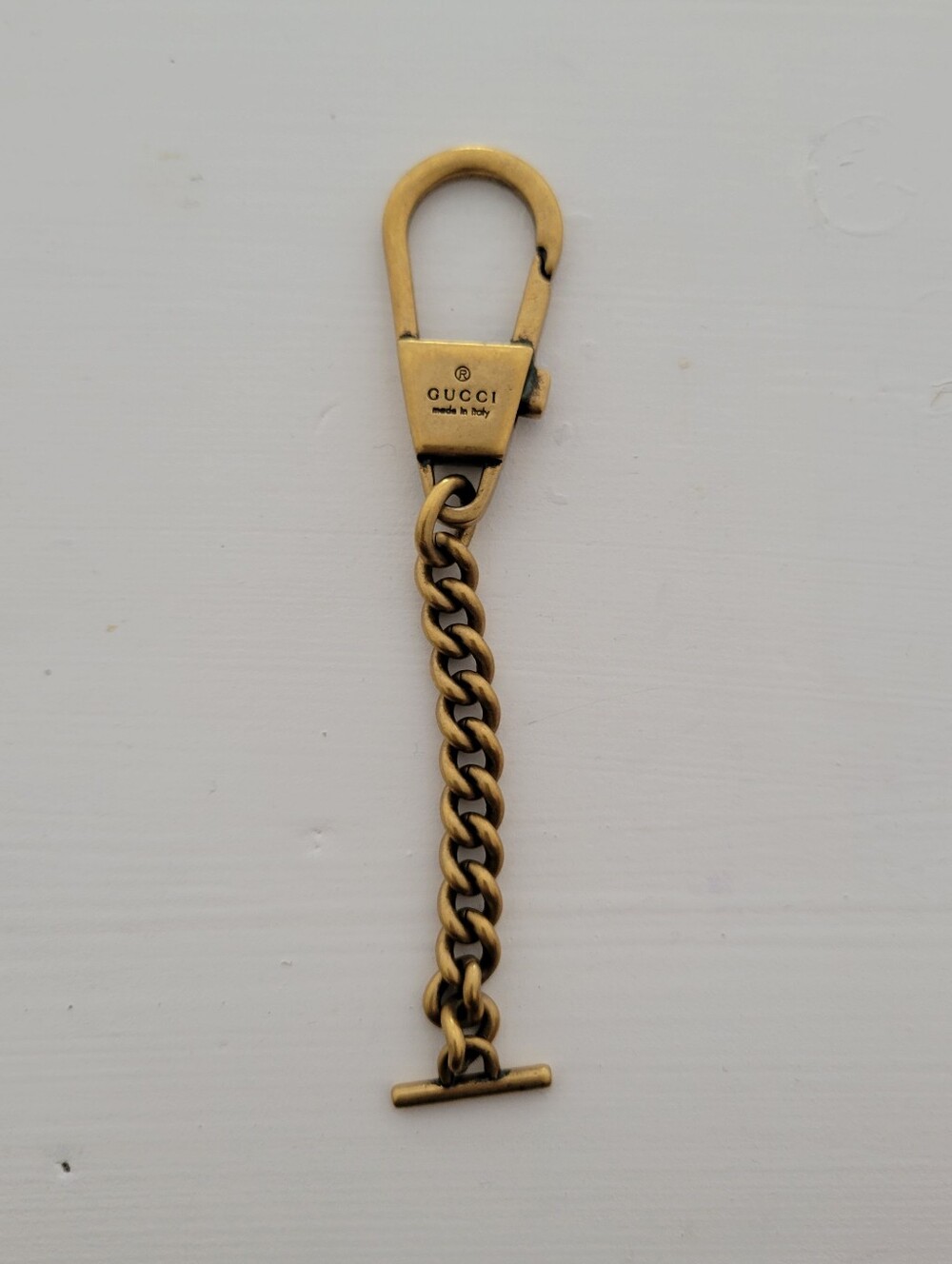 Gucci Key Chain Link T Bar Purse Charm 4 Inch Vintage Gold Tone Engraved Logo